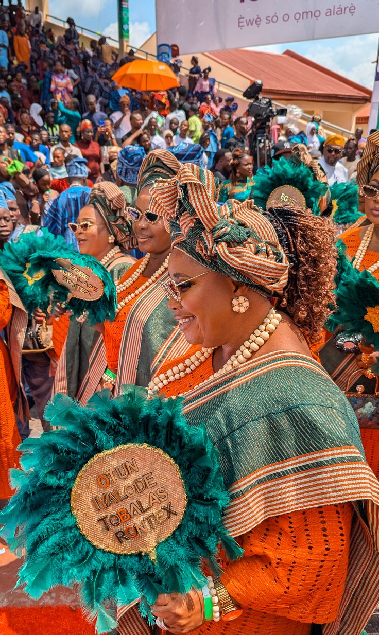 Traditional Yoruba attire and beadwork at a Nigerian cultural festival